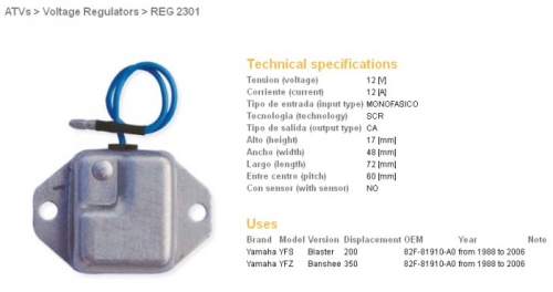REGULATOR NAPONA DZE YAMAHA BLASTER YFS200 88-06, 88-06 YFZ350 BANSHEE