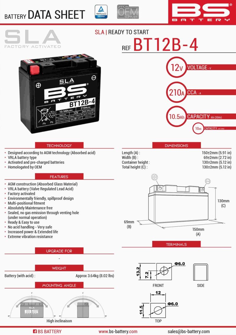 AKUMULATOR / BATERIJA BS BATERY BT12B-4 (YT12B-4 / YT12B-BS) 151x70x130 12V 10AH (175A) TVORNIČKI FORMIRAN
