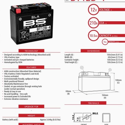 AKUMULATOR / BATERIJA BS BATERY BT12B-4 (YT12B-4 / YT12B-BS) 151x70x130 12V 10AH (175A) TVORNIČKI FORMIRAN