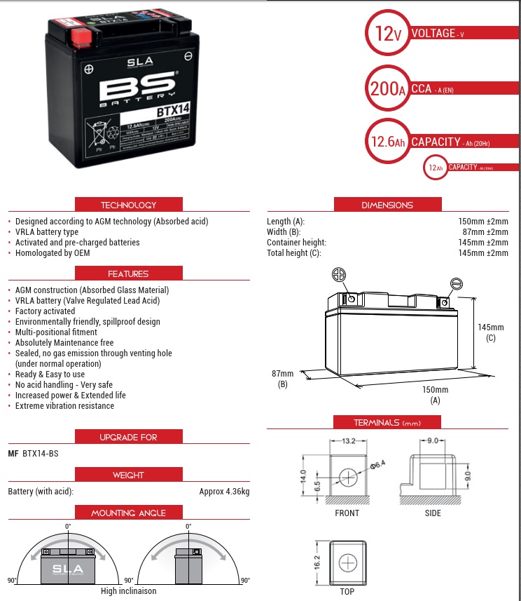 AKUMULATOR / BATERIJA (YTX14 / YTX14-BS) AGM TEHNOLOGY / SLA TVORNIČKI AKTIVIRAN BEZ ODRŽAVANJA <br> BS BATTERY: BTX14