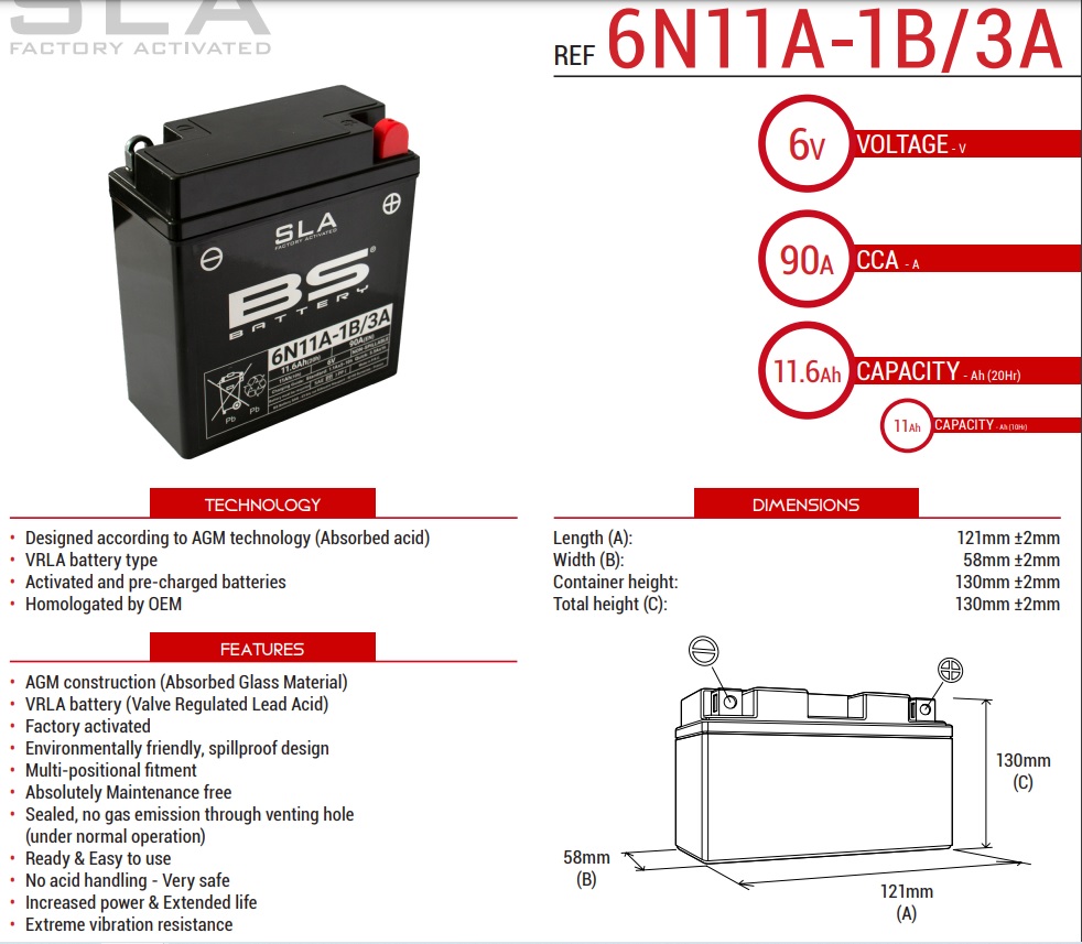 AKUMULATOR / BATERIJA 6N11A-1B (6V 11AH) TVORNIČKI FORMIRAN BEZ ODRŽAVANJA (SLA/AGM/VRLA TEHNOLOGY) <br> BS BATTERY: 6N11A-1B/3A