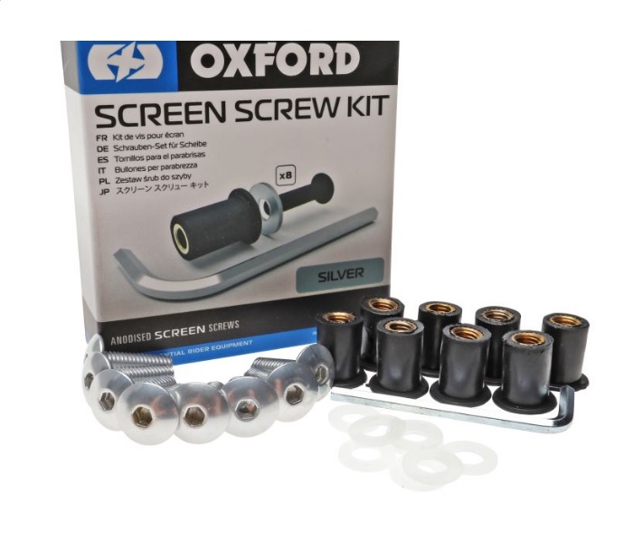 SET VIJAKA (5 MM) I GUMIRANIH MATICA ZA VJETROBRAN / VIZIR MOTOCIKLA 8+8 KOM SREBRNA BOJA <br> (OXFORD: OX563)