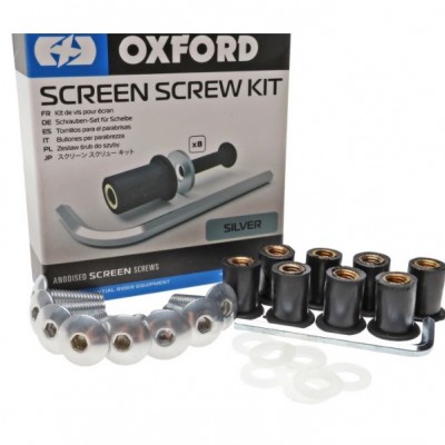 SET VIJAKA (5 MM) I GUMIRANIH MATICA ZA VJETROBRAN / VIZIR MOTOCIKLA 8+8 KOM SREBRNA BOJA <br> (OXFORD: OX563)
