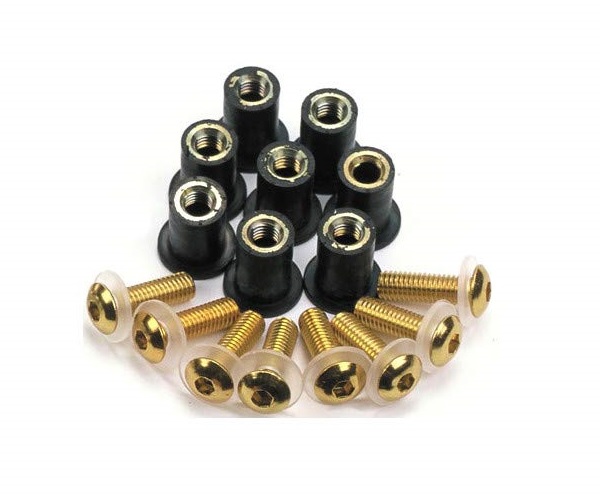 SET VIJAKA (5 MM) I GUMIRANIH MATICA ZA VJETROBRAN / VIZIR MOTOCIKLA 8+8 KOM ZLATNA BOJA <br> (OXFORD: OX566)