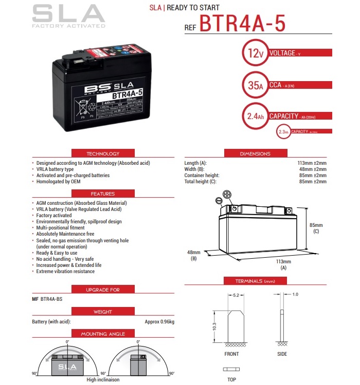 AKUMULATOR / BATERIJA (YTR4A-BS) AGM/SLA/VRLA 12V, 2.4AH, 35A, TVORNIČKI FORMIRAN, BEZ ODRŽAVANJA, BS BATTERY: BTR4A-5