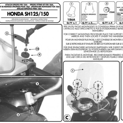 DRŽAČI / NOSAČI VJETROBRANA / VIZIRA GIVI (186A) ZA SKUTER HONDA SH 125-150 (2001-2004) GIVI: A186A