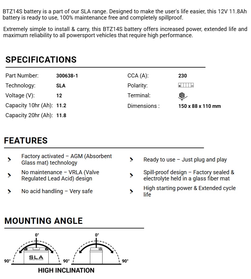 AKUMULATOR / BATERIJA (YTZ14S) BS-BATTERY, 12V, 11.8 AH, 230A AGM, SLA, VRLA, TVORNIČKI FORMIRAN, BEZ ODRŽAVANJA (BTZ14S)