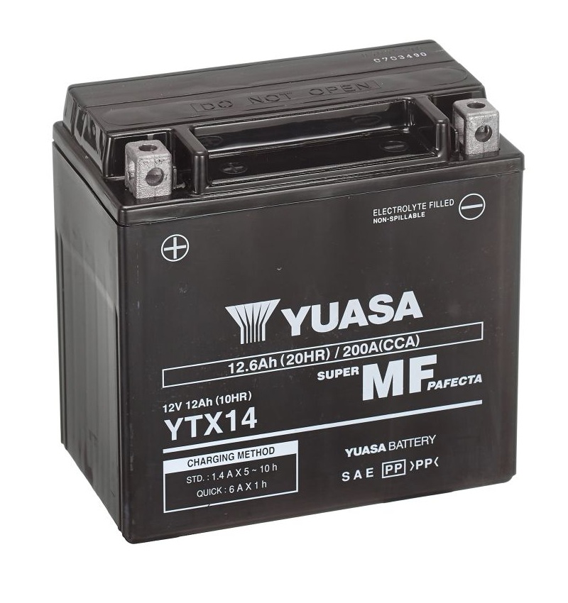 AKUMULATOR / BATERIJA YUASA YTX14 (YTX14-BS) 12V, 12.6AH, 200A, AGM, TVORNIČKI FORMIRAN, BEZ ODRŽAVANJA, (+ KLEMA LIJEVO)