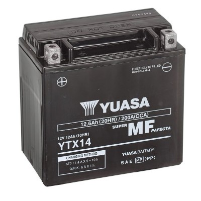 AKUMULATOR / BATERIJA YUASA YTX14 (YTX14-BS) 12V, 12.6AH, 200A, AGM, TVORNIČKI FORMIRAN, BEZ ODRŽAVANJA, (+ KLEMA LIJEVO)