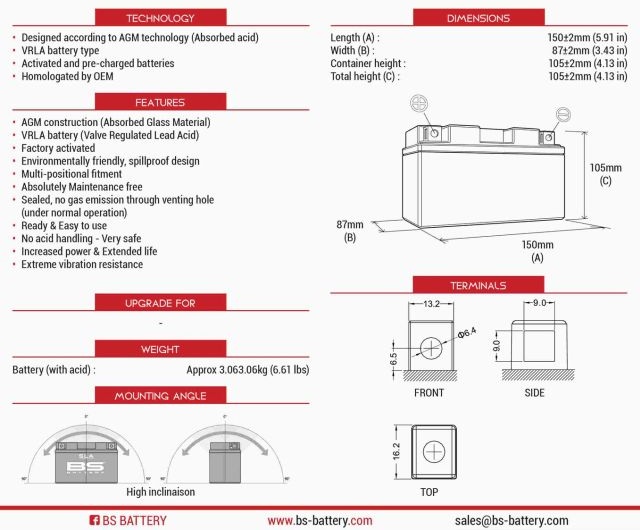 AKUMULATOR / BATERIJA YTX9-BS, AGM/SLA/VRLA, TVORNIČKI AKTIVIRAN, BEZ ODRŽAVANJA 12V, 8,4 AH, 135A <br> BS BATTERY: BTX9